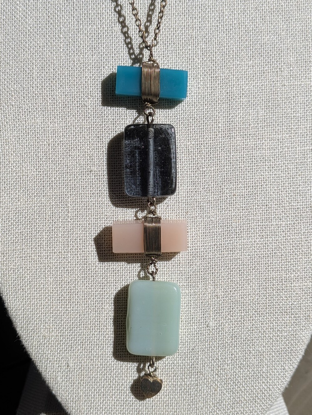 Vintage Geometric Art Glass Pendant Necklace Gold Tone Adjustable 28-31"